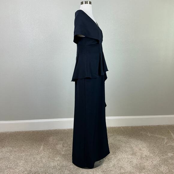 Aidan Mattox Shawl Collar A-Line Evening Gown Blue Size 4 Ruffled Thigh Slit - Picture 5 of 13